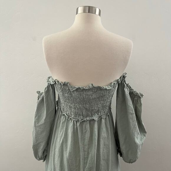 Showpo Nikka Shirred Off The Shoulder Puff Sleeve Midi Dress in Sage Size 10 - Picture 9 of 10
